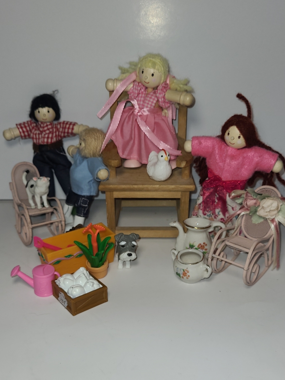 Wooden Mini Doll Set with Pink Outfits and Accessories